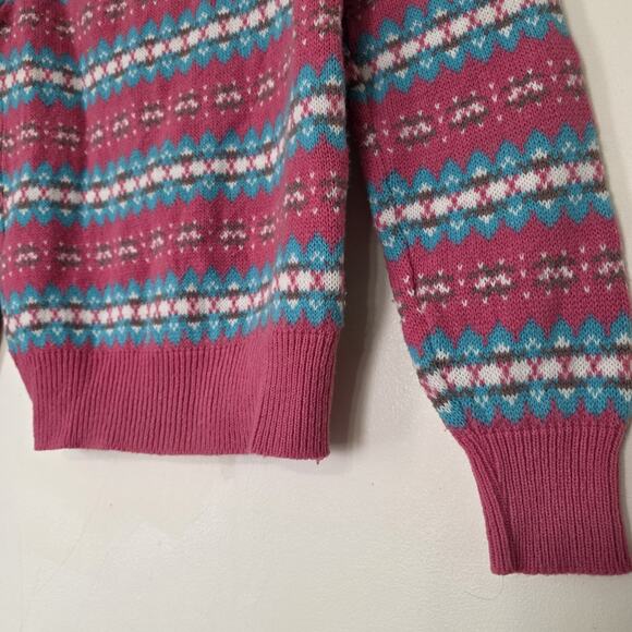 Vtg Grandmacore Sweater Womens M Pink Blue Aztec Fair Isle Cottage Boho 80s - Picture 4 of 9